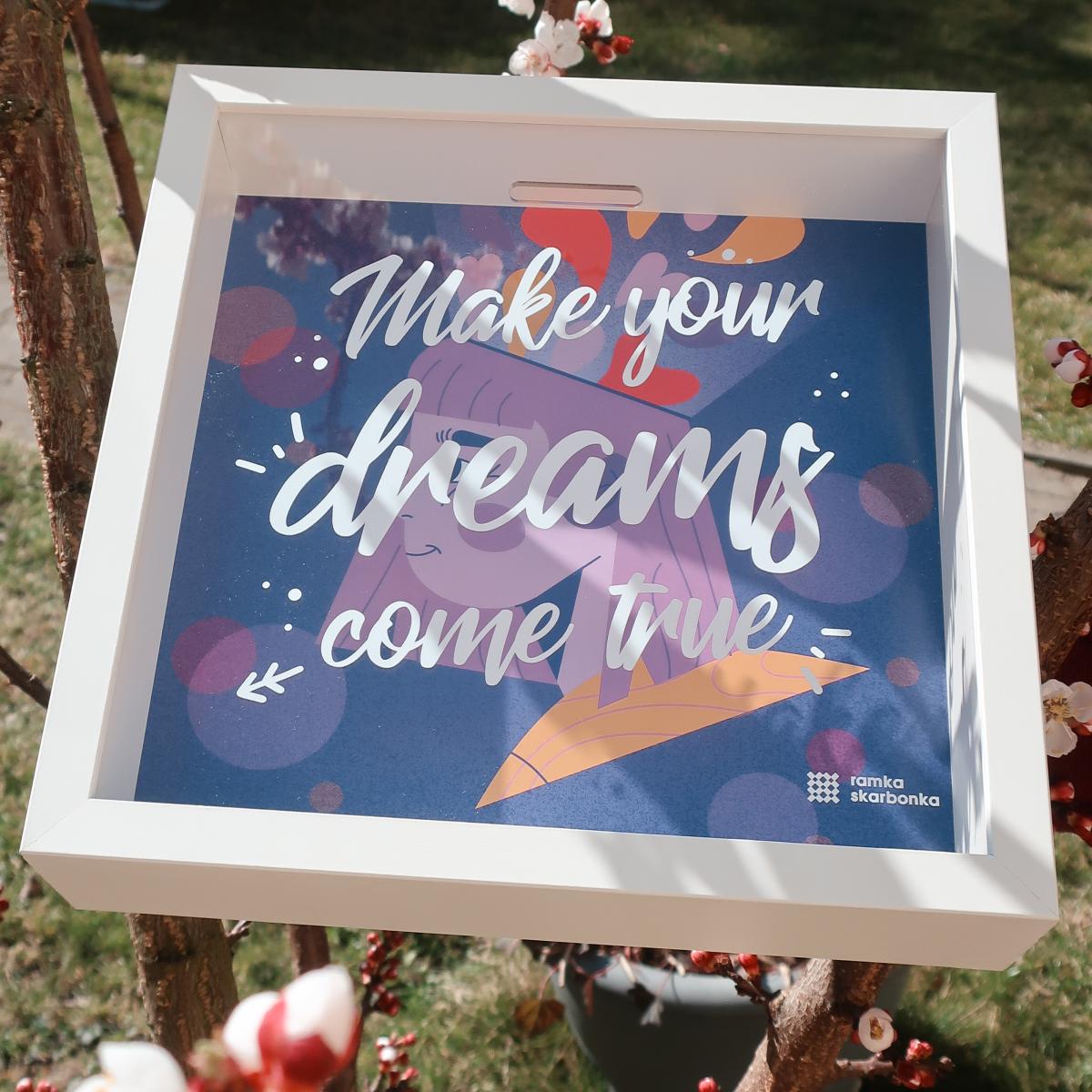 Ramka Skarbonka – Make your dreams come true – fioletowa abstrakcja